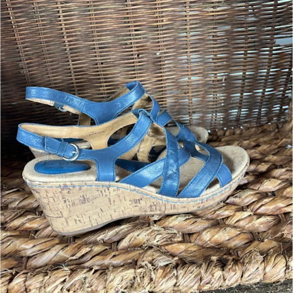 B.O.C. Women’s Blue‎ Strappy Ankle Strap Cork Wedge Sandals Size 11M